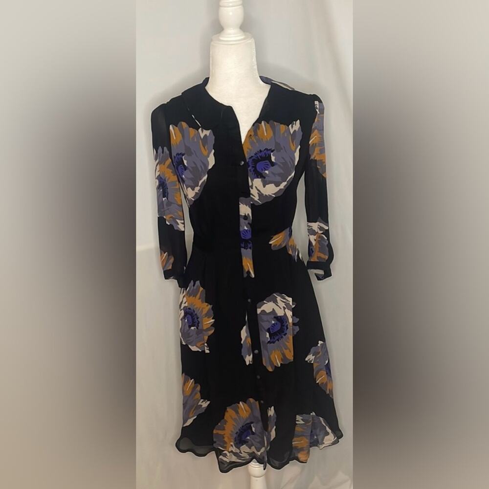 Boden black floral print button up dress
